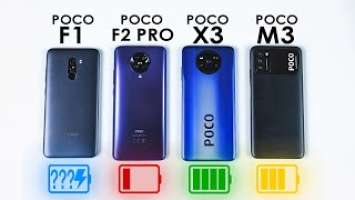 POCO X3 vs POCO M3 vs POCO F2 Pro vs Pocophone F1  КТО ДОЛЬШЕ #3
