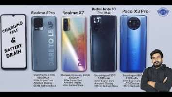Poco X3 VS Redmi Note 10 Pro MAX VS Realme X7 VS Realme 8 Pro Charging & Battery Drain Test