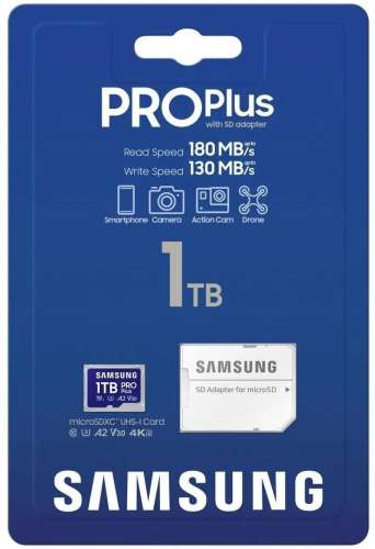 Карта памяти microSDXC UHS-I U3 Samsung Pro PLUS 1024 ГБ, 180 МБ/с, Class 10, MB-MD1T0SA,  1 шт., переходник SD