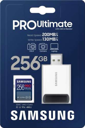 Карта памяти SDXC UHS-I U3 Samsung Pro Ultimate 256 ГБ, 200 МБ/с, Class 10, MB-SY256SB/WW,  1 шт., переходник SD
