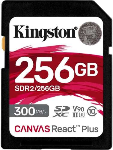 Карта памяти SDXC UHS-II U3 Kingston Canvas React Plus 256 ГБ, 300 МБ/с, 90X, Class 10, SDR2/256GB,  1 шт., без адаптера
