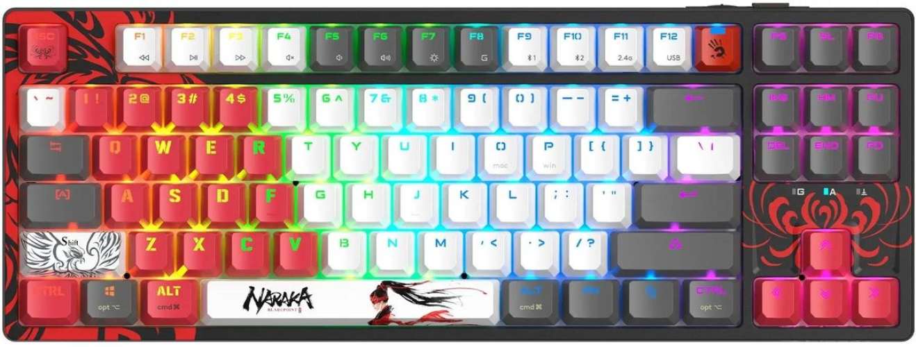 Клавиатура A4TECH Bloody WS87 Naraka,  USB, Bluetooth/Радиоканал, черный + красный