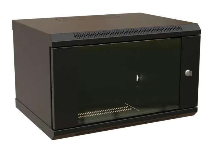 Шкаф коммутационный WRLINE WR-TW-0966-GP-RAL9004 настенный,  стеклянная передняя дверь,  9U,  600x500x600 мм