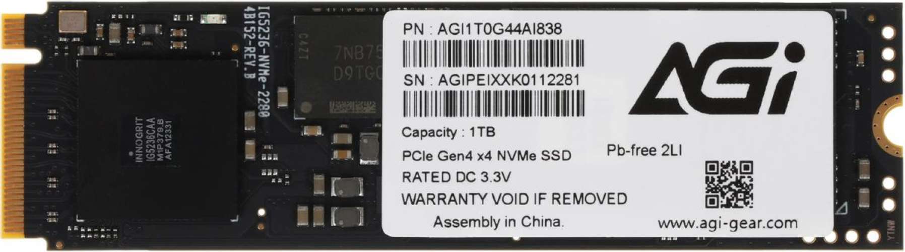 SSD накопитель AGI AI838 AGI1T0G44AI838 1ТБ, M.2 2280, PCIe 4.0 x4,  NVMe,  M.2
