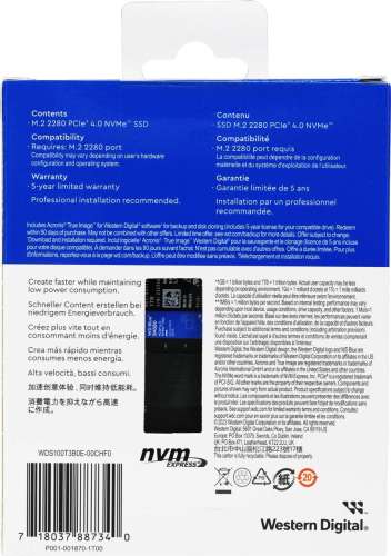 SSD накопитель WD Blue SN580 WDS100T3B0E 1ТБ, M.2 2280, PCIe 4.0 x4,  NVMe,  M.2