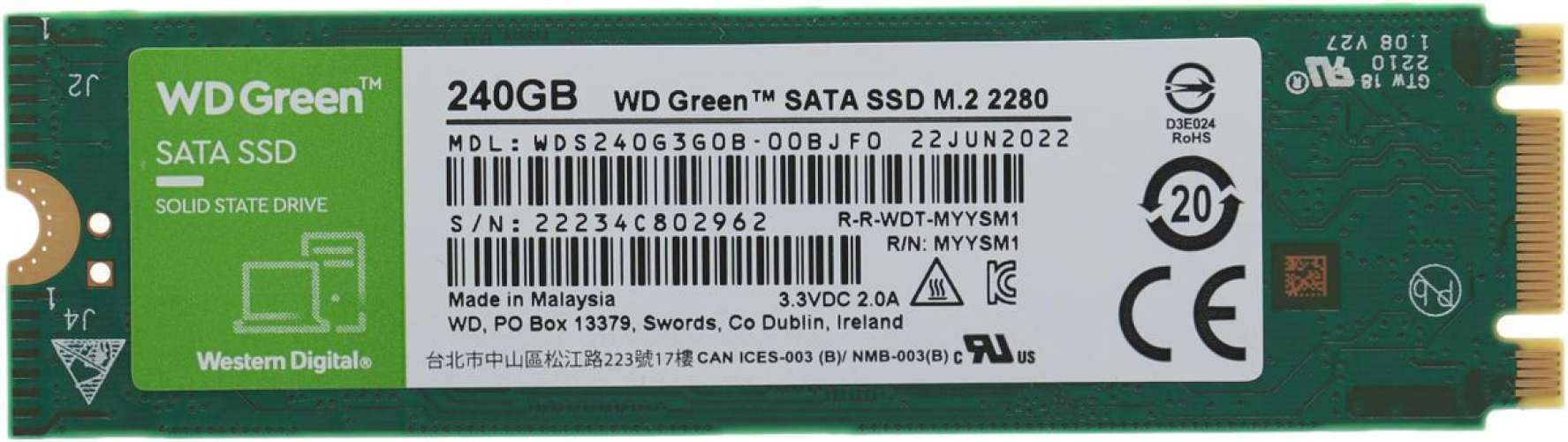 SSD накопитель WD Green WDS240G3G0B 240ГБ, M.2 2280, SATA III,  M.2