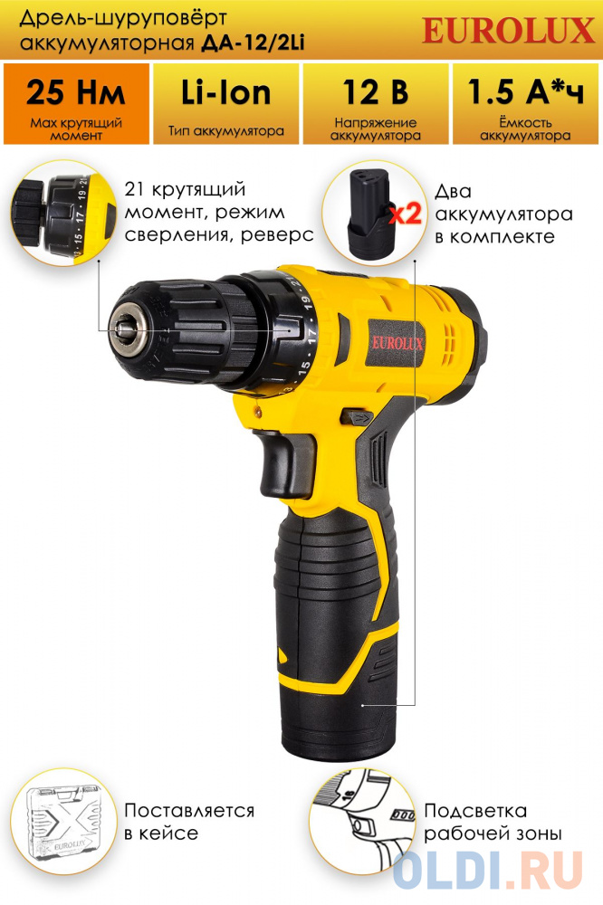 Аккумуляторная дрель-шуруповерт Eurolux ДА-12/2Li
