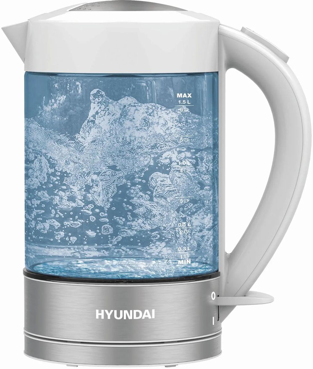 Чайник электрический Hyundai HYK-G9990, 2000Вт, белый и серебристый
