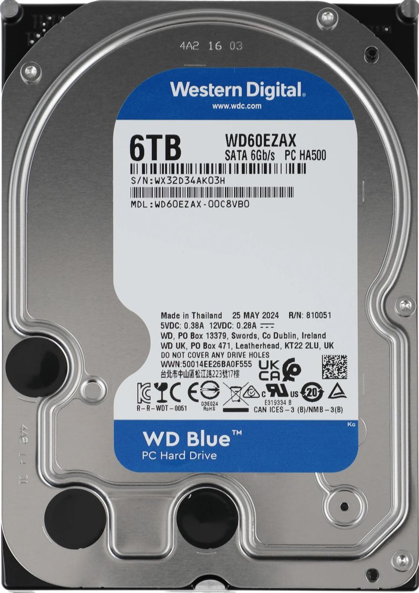 Жесткий диск WD Blue WD60EZAX,  6ТБ,  HDD,  SATA III,  3.5"