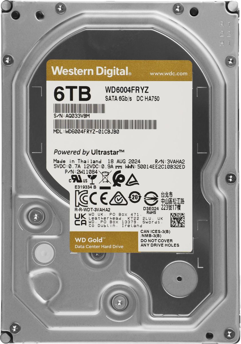 Жесткий диск WD Gold WD6004FRYZ,  6ТБ,  HDD,  SATA III,  3.5"