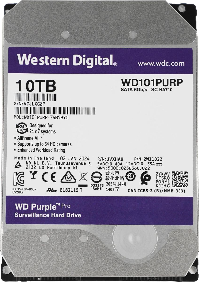 Жесткий диск WD Purple Pro WD101PURP,  10ТБ,  HDD,  SATA III,  3.5"