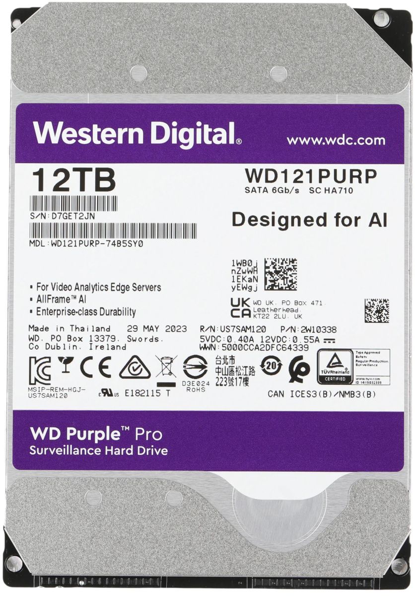 Жесткий диск WD Purple Pro WD121PURP,  12ТБ,  HDD,  SATA III,  3.5"