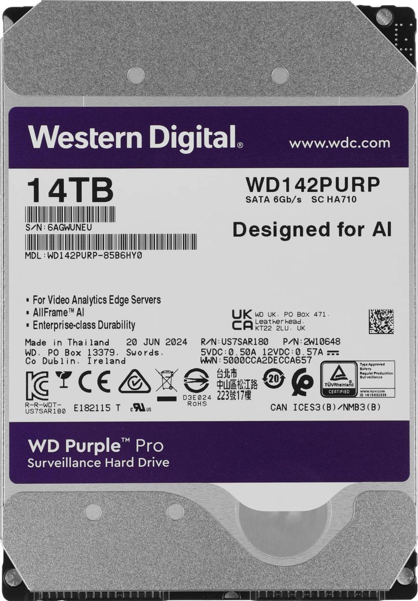 Жесткий диск WD Purple Pro WD142PURP,  14ТБ,  HDD,  SATA III,  3.5"