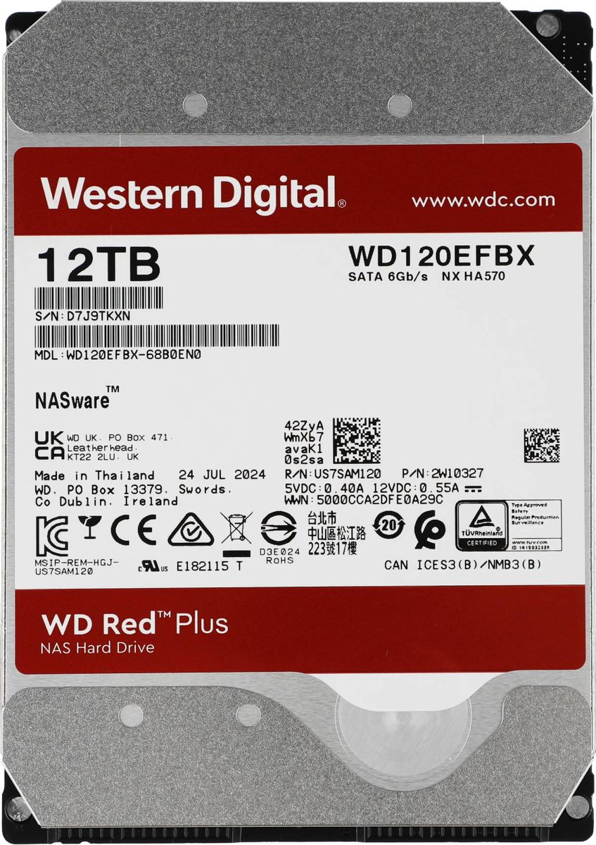 Жесткий диск WD Red Plus WD120EFBX,  12ТБ,  HDD,  SATA III,  3.5"