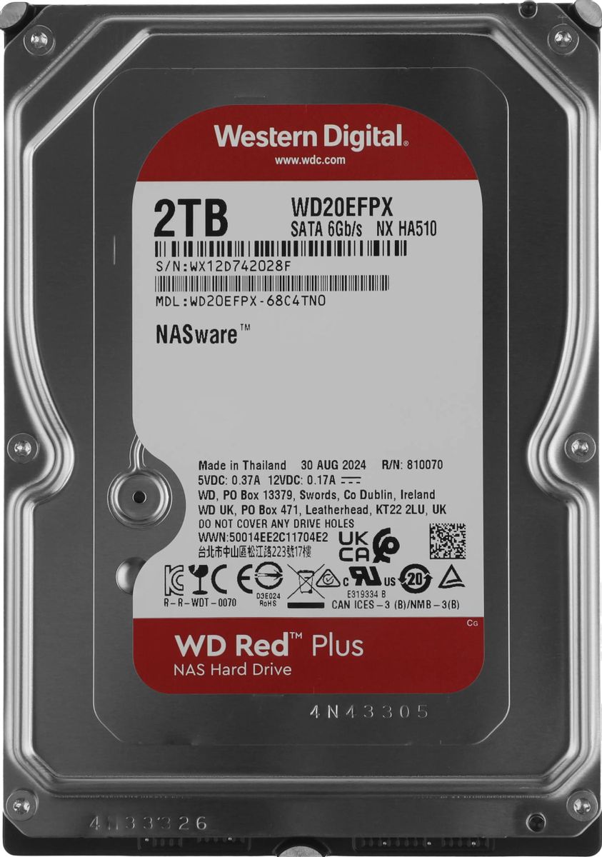 Жесткий диск WD Red Plus WD20EFPX,  2ТБ,  HDD,  SATA III,  3.5"