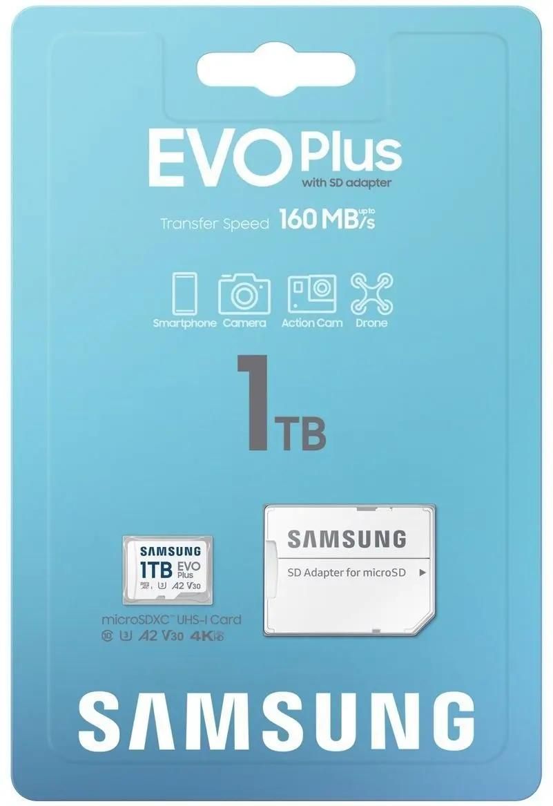Карта памяти microSDXC UHS-I U3 Samsung EVO Plus 1024 ГБ, 160 МБ/с, Class 10, MB-MC1T0SA,  1 шт., переходник SD