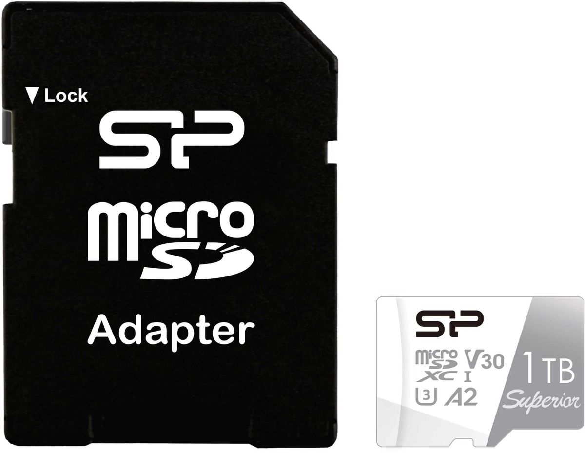 Карта памяти microSDXC UHS-I U3 Silicon Power Superior 1024 ГБ, 100 МБ/с, Class 10, SP001TBSTXDA2V20SP,  1 шт., переходник SD