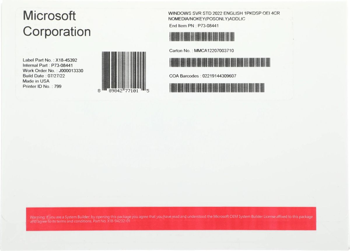 ПО Microsoft Windows Server Std 2022 Eng 1pkDSP OEI 4Cr NoMedia/NoKey(POSOnly)AddLic (P73-08441)