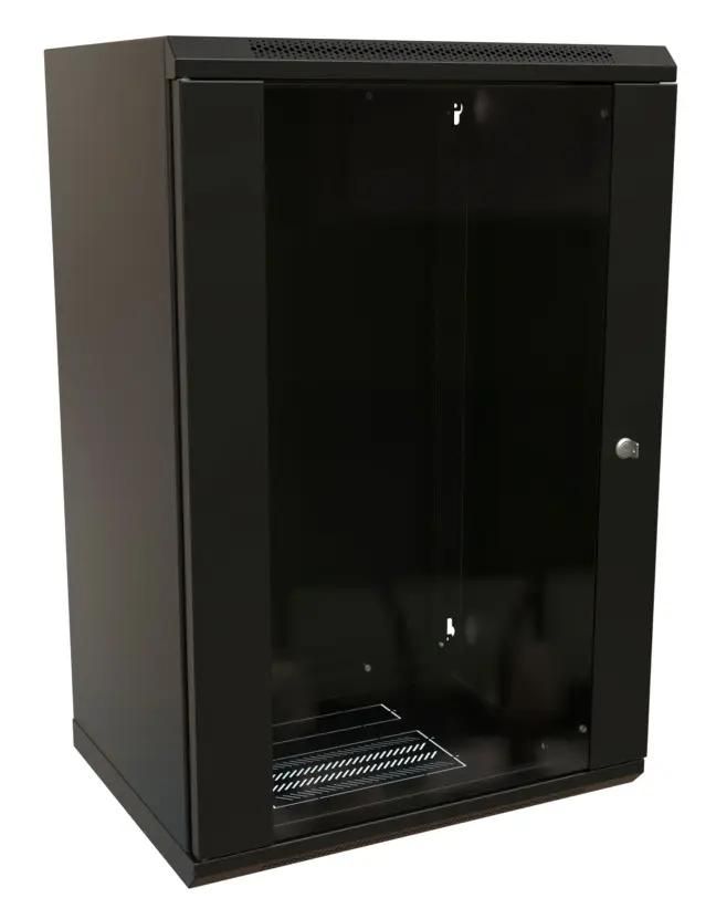 Шкаф коммутационный WRLINE WR-TW-2245-GP-RAL9004 настенный,  стеклянная передняя дверь,  22U,  600x1086x450 мм