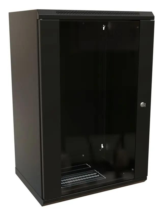 Шкаф коммутационный WRLINE WR-TW-2266-GP-RAL9004 настенный,  стеклянная передняя дверь,  22U,  600x1086x600 мм