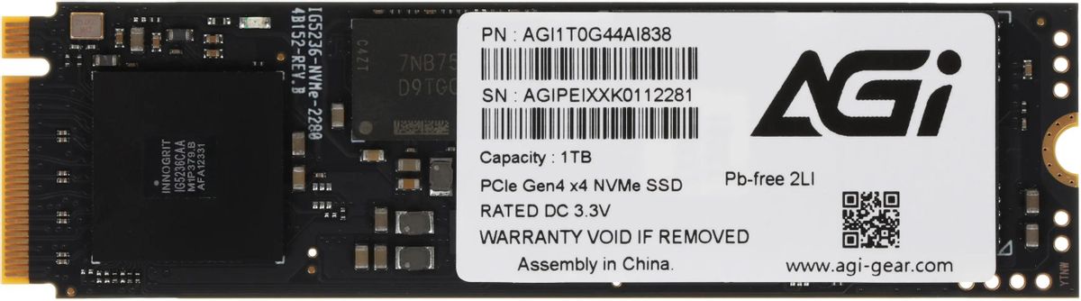 SSD накопитель AGI AI838 AGI1T0G44AI838 1ТБ, M.2 2280, PCIe 4.0 x4,  NVMe,  M.2
