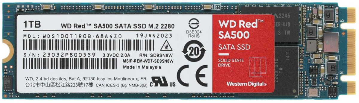 SSD накопитель WD Red SA500 WDS100T1R0B 1ТБ, M.2 2280, SATA III,  M.2